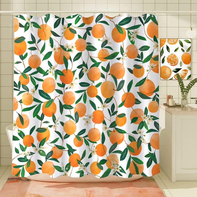 Lifeel Orange Shower Curtain, Allover Fruits Round Citru Pattern Design Waterproof Fabric Bathroom Curtains Set with 12 Hooks, Orange Green 72Ã—72 inch - Image 3